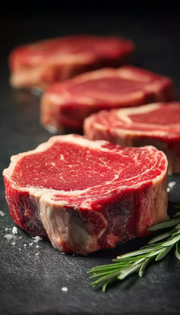 Close-Up of Fresh Raw Ribeye Steak with Marbling Ready for Grilling and Culinary Presentationの素材