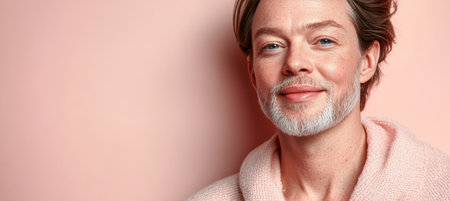 Mature Gentleman with Calm Demeanor and Natural Good Looks, Showcasing Freckles in Pastel Tonesの素材