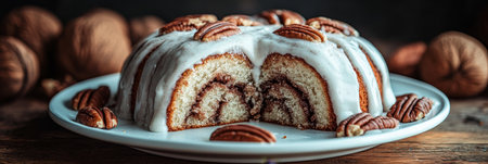 Cinnamon Roll Bundt Cake with Creamy Icing and Pecan Toppings, Served on a White Dessert Plateの素材
