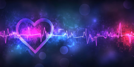 Glowing Heartbeat Graphic Against a Sci-Fi Background with Neon Colors and Dynamic Bokeh Effectsの素材