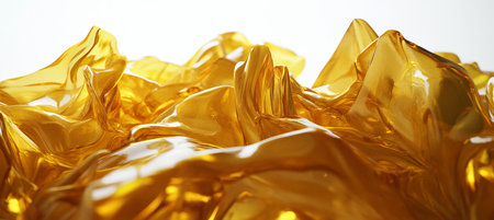 Abstract Landscape Featuring Glossy Orange Gel Forms with Rich Gold Color on Crisp White Backgroundの素材