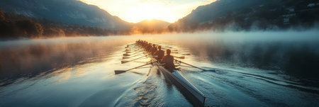 Early Morning Rowing Crew in the Lake, Synchronized Movements on Mirror Water with Sunrise Sceneryの素材