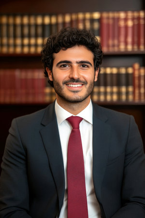 Confident young male business lawyer in suit smiles proudly in a well-decorated law office setting.の素材
