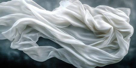 Delicate Folds of White Silk Fabric with Satin Ribbon Gently Floating in the Soft Breeze Outdoorsの素材