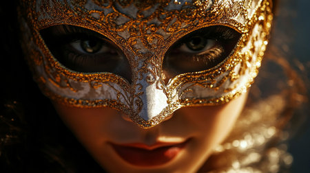 A Captivating Woman in a Golden Venetian Carnival Mask, Mysterious Gaze, Exuding Elegance and Charmの素材