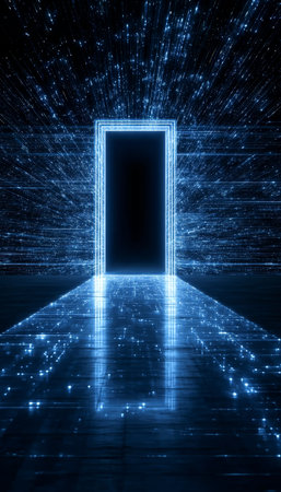 Futuristic Digital Portal with Blue Glowing Lines Representing a Gateway to New Dimensionsの素材