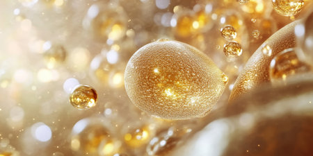Golden Bubbles and Skin Cell Structure with Glimmering Water Bubbles and Oil Drops Textureの素材