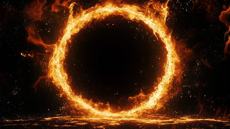 Vibrant Ring of Fire with Sparkling Ashes Texture on Dynamic Black Abstract Background for Eventsの素材