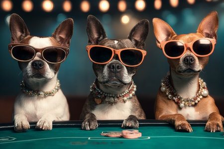Humorous Poker Night Featuring Stylish Dogs in Sunglasses and Jewelry at a Casino Table Sceneの素材