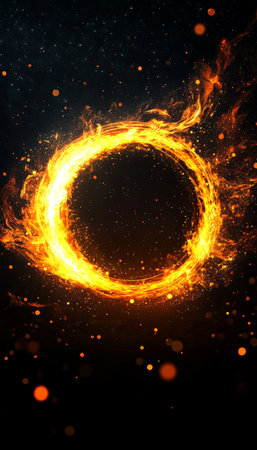 Vibrant Cosmic Ring of Fire with Scattered Sparks on Black Canvas, Abstract Glittering Particlesの素材