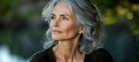 Elegant Older Woman with Wavy Gray Hair Posing Calmly Against a Serene Green Nature Backgroundの素材