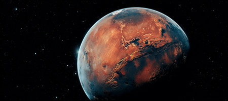 A breathtaking view of the Martian landscape showcasing its reddish terrain and geological featuresの素材