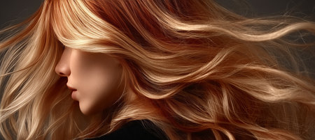 Voluminous Hair with Stunning Blond, Copper, and Honey Highlights Waving Freely in the Breezeの素材