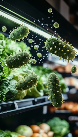 Fresh Produce Contaminated with Germs, Highlighting Urgent Retail Food Hygiene and Sanitation Issuesの素材