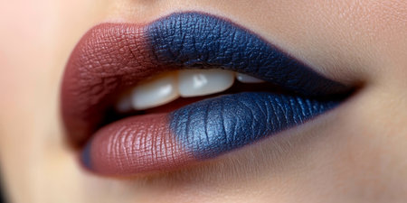 Macro Closeup of Beautiful Female Lips with Blue and Burgundy Makeup, Perfect Glossy Finishの素材