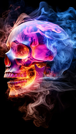 Stunning Artistic Representation of a Skull Surrounded by Fiery Flames and Mysterious Ethereal Smokeの素材