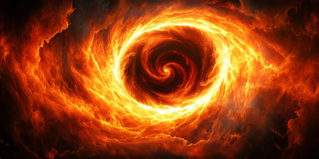 Vibrant Red and Orange Abstract Galaxy Swirl with Sparkling Lights and Fiery Cosmic Energy Effectsの素材