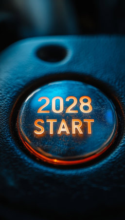 Excitement Builds as Futuristic 2028 Start Button Indicates Impending Technologies and Dreams Aheadの素材