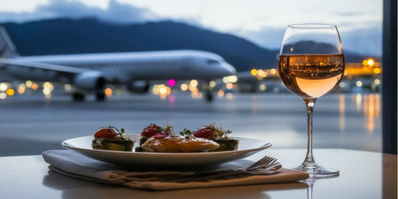 Luxurious Airport Fine Dining Experience Gourmet Meal with Stunning Views Before Flight Departureの素材