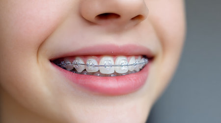 Smiling Teen with Colorful Dental Braces Showcasing Oral Care, Aesthetic Improvement, and Confidenceの素材