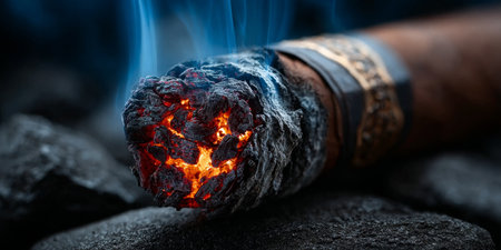 Closeup of a Smoking Experience with Burning Tobacco Leaf, Blue Smoke, and Glowing Embers at Nightの素材