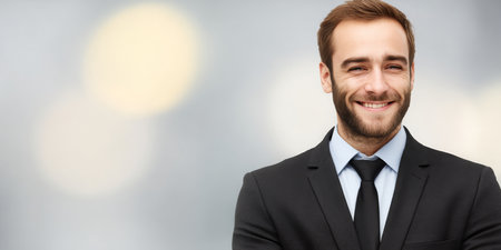 Confident Smiling Businessman in Stylish Suit and Tie, Portrait Against a Soft Bokeh Backgroundの素材