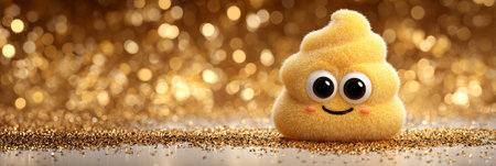Delightful Golden Cartoon Face with Sparkling Eyes and Happy Smile Surrounded by Festive Glitterの素材