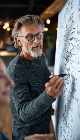 Senior Business Leader Confidently Delivers Presentation Strategy to Corporate Team on Whiteboardの素材