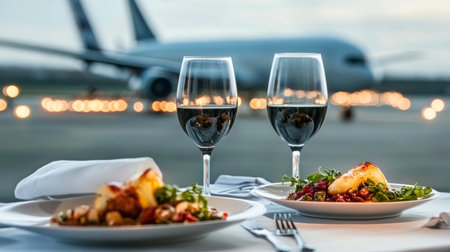 Elegant Airport Ambiance Featuring Fine Dining Service With Gourmet Food and Exquisite Beveragesの素材