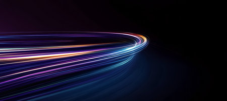 Vibrant Streaks of Light Flowing Through Curved Lines and Rays in an Abstract Sci-Tech World Designの素材