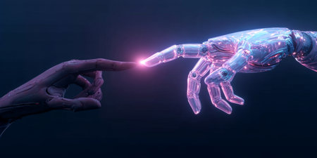 Creation Touch of Technology, artificial limb hand, digital connection of two human hand and robotsの素材
