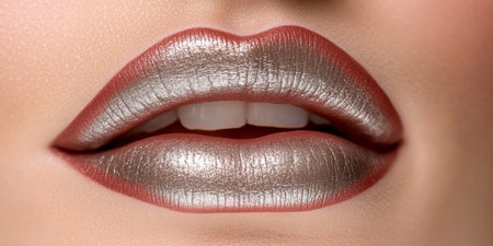 Glamorous Female Model with Glossy Silver Lipstick and Stunning Makeup Accessories for Promotionの素材