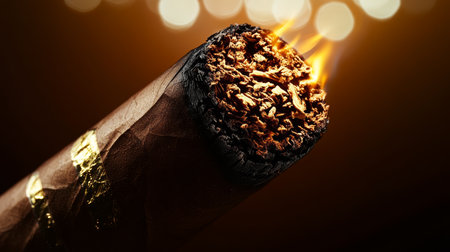 Close-Up of a Luxurious Cigar Being Lit, Glowing Embers and Smoke Creating an Atmosphere of Eleganceの素材
