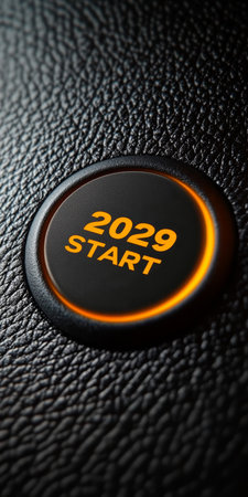 Futuristic Year 2029 Ignition Button with Shiny Orange Illumination on Black Leather Surfaceの素材