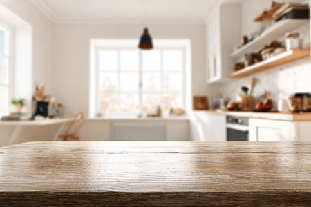 Cozy Kitchen with a Wooden Countertop and Window, Perfect for Product Display and Presentationsの素材