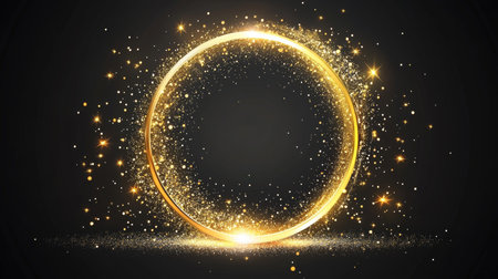 Elegant Golden Ring Shape with Sparkly Elements Swirling Around on a Dark Abstract Backgroundの素材
