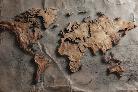 Textured Vintage World Map Design with Continents and Ancient Paper Effect for Global Explorationの素材