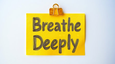 Inspirational Yellow Note with Breathe Deeply Text on White Surface for Relaxation and Calm Mindの素材