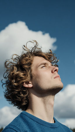 Young man peacefully enjoying the warmth of the sun while surrounded by nature and clear blue skyの素材