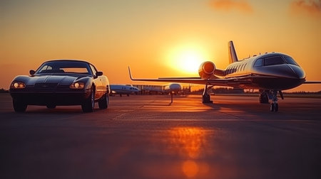 Luxury Lifestyle Classic Convertible Sports Car and Private Jet on the Tarmac at Sunsetの素材