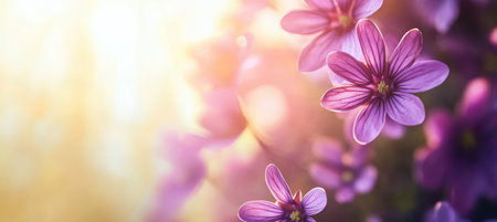 Serene Evening Glow Soft Focus on Purple Blossoms Under Golden Sunset Light for Romantic Vibesの素材