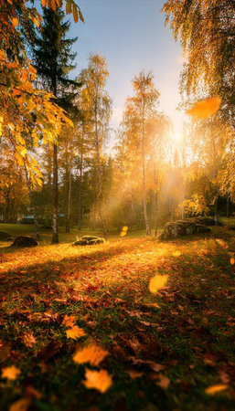 Stunning Autumn Forest Landscape with Sun Rays Illuminating Vibrant Golden Leaves in Nature s Beautyの素材