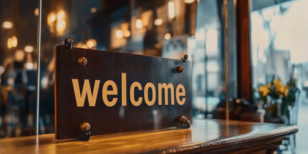 Inviting Business Entrance with a Warm Welcome Board, Hospitality Desk, and Sign Guide for Guestsの素材