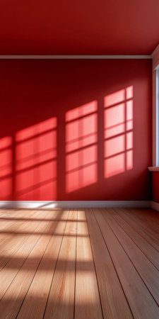 Bright and Minimalistic Red Room Interior with Wooden Parquet Flooring for Stock Photo Useの素材
