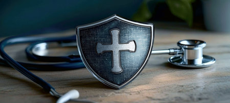 Healthcare Shield Symbolizing Protection and Assurance for Medical Security and Patient Careの素材