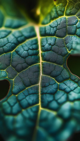 Magnified Close-Up of a Green Leaf Showing Intricate Veins and Rich Texture in Nature s Paletteの素材