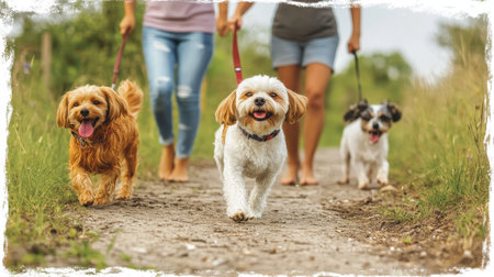 Joyful People with Playful Pets Enjoying a Peaceful Stroll Through Nature at Dusk or Dawnの素材