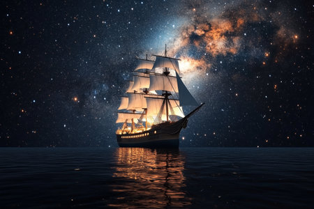 Majestic Vessel Sails on Serene Seas Under Starry Skies, Embarking on an Ethereal Adventure Journeyの素材