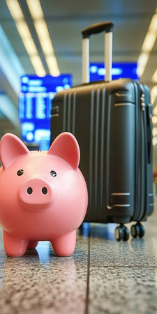 Excited traveler saving money in a pink piggy bank for an upcoming holiday trip adventure.の素材