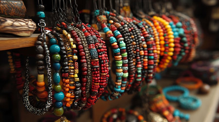 Vibrant and Colorful Bazaar Bracelets Glistening Like Jewels in a Charming Market Settingの素材